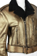 Metallic Gold Leather Black Shearling Biker Jacket