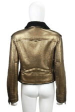 Metallic Gold Leather Black Shearling Biker Jacket