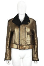 Metallic Gold Leather Black Shearling Biker Jacket