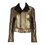 Metallic Gold Leather Black Shearling Biker Jacket