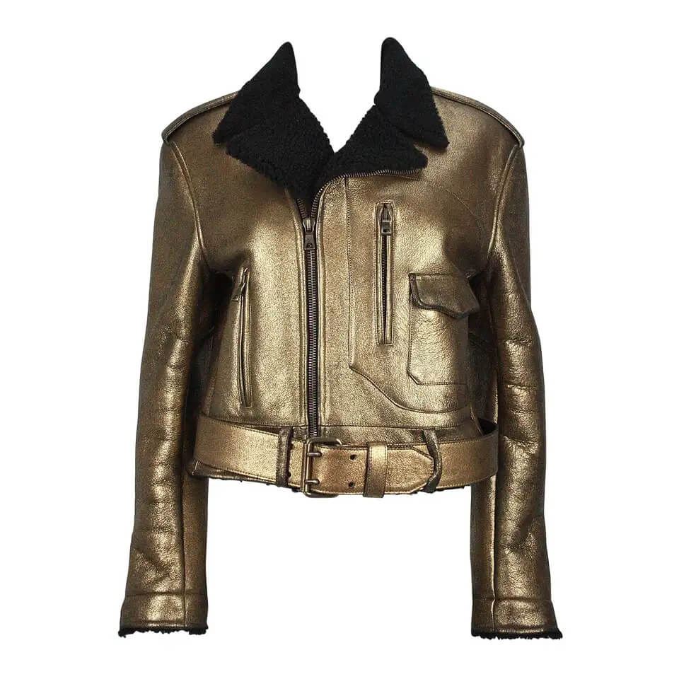 Metallic Gold Leather Black Shearling Biker Jacket (7) Metallic Gold Leather Black Shearling Biker Jacket