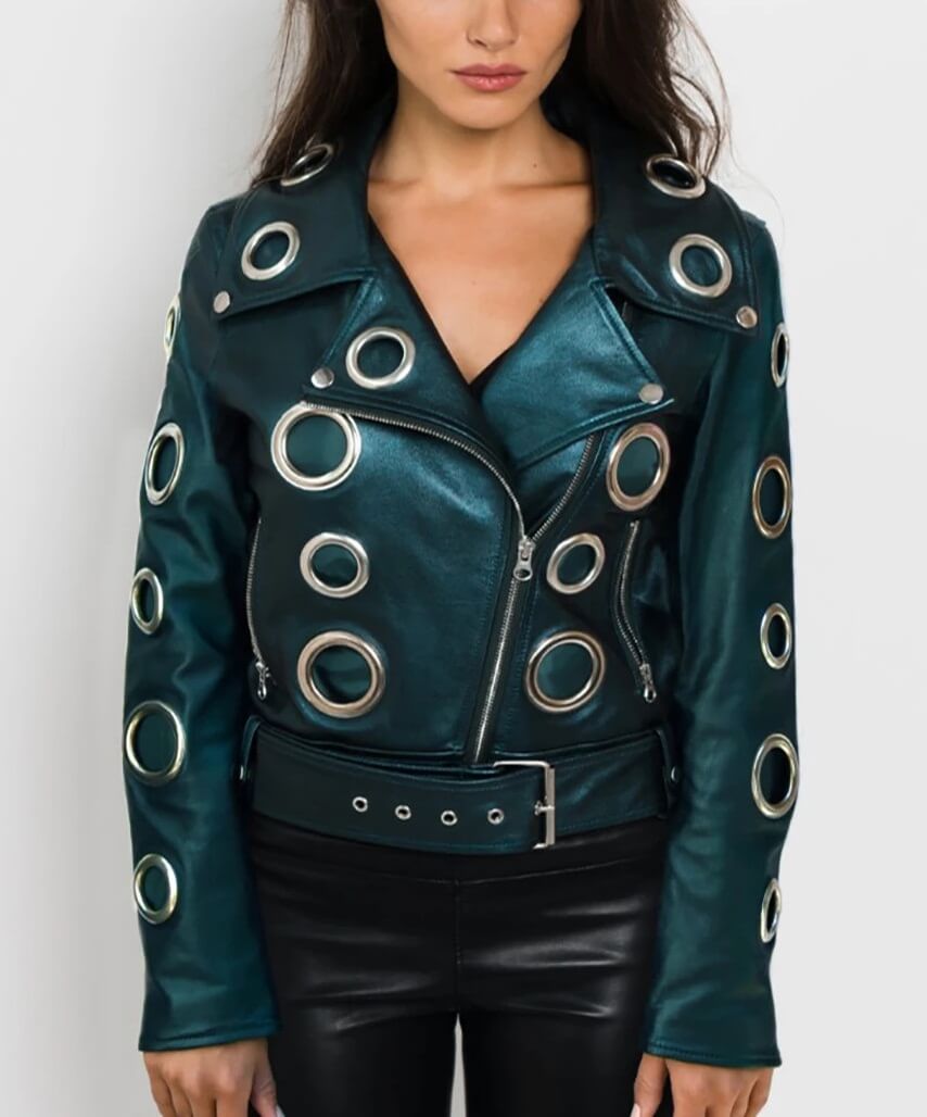 Metallic Leather Women Biker Jacket (1) Metallic Leather Women Biker Jacket