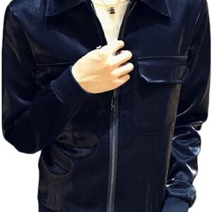 Metallic Navy Blue Leather Men's Fashion Jacket