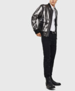 Metallic leather Bomber jacket in Black