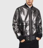 Metallic leather Bomber jacket in Black