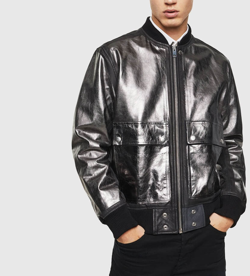 Metallic leather Bomber jacket in Black (5) Metallic leather Bomber jacket in Black