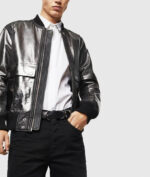 Metallic leather Bomber jacket in Black