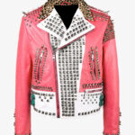 Multi-Color Block Panel Studded Leather Jacket
