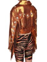 Orange Cropped Metallic Fringe Leather Jacket