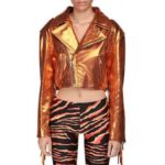 Orange Cropped Metallic Fringe Leather Jacket