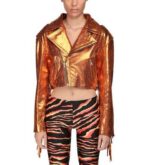 Orange Cropped Metallic Fringe Leather Jacket