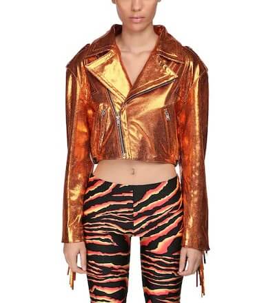 Orange Cropped Metallic Fringe Leather Jacket (2) Orange Cropped Metallic Fringe Leather Jacket
