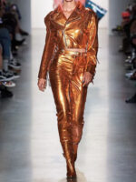Orange Cropped Metallic Fringe Leather Jacket