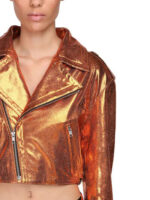 Orange Cropped Metallic Fringe Leather Jacket