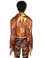 Orange Cropped Metallic Fringe Leather JacketOrange Cropped Metallic Fringe Leather Jacket
