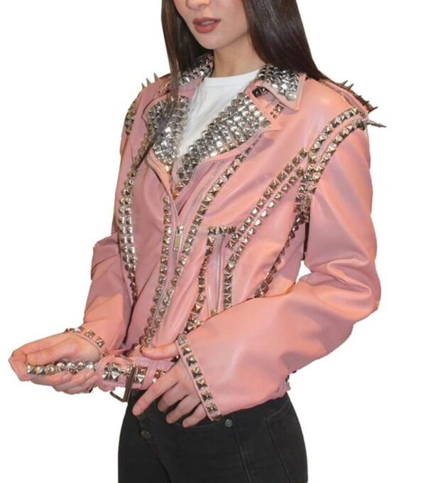 Pink Golden Studded Leather Biker Jacket