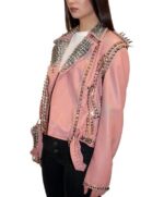 Pink Golden Studded Leather Biker Jacket