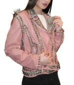 Pink Golden Studded Leather Biker Jacket