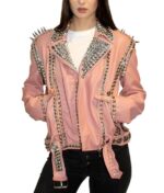 Pink Golden Studded Leather Biker Jacket