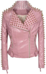 Pink Golden Studded Punk Leather Biker Jacket
