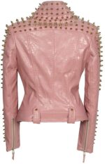 Pink Golden Studded Punk Leather Biker Jacket