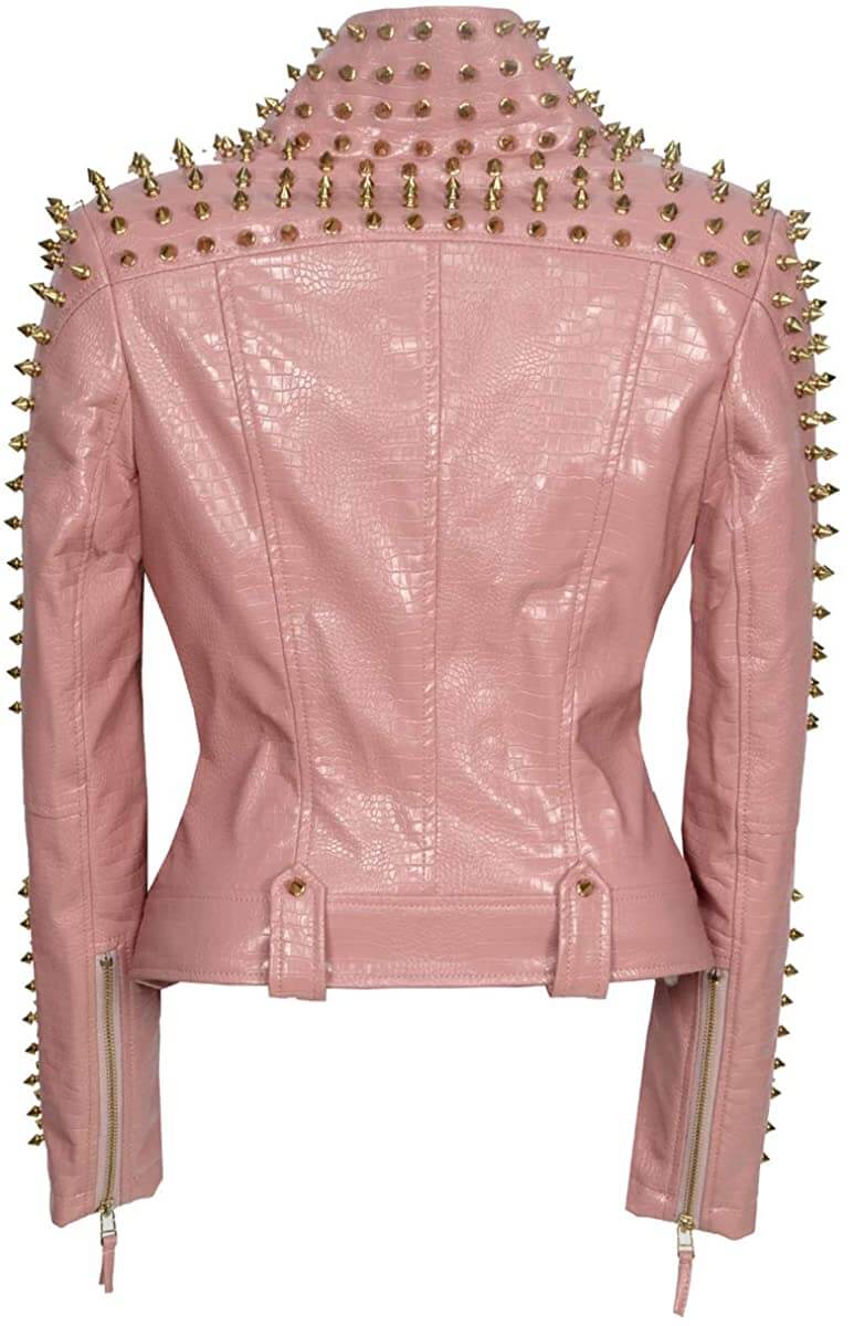 Pink Metallic Studded Biker Jacket
