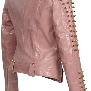 Pink Golden Studded Punk Leather Biker Jacket