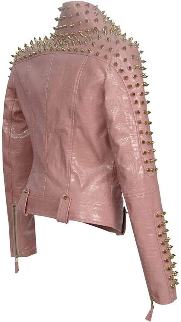 Pink Golden Studded Punk Leather Biker Jacket