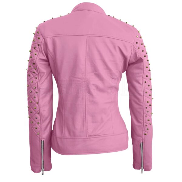 Pink Quilted Gold Studded Skeletons Leather Jacket