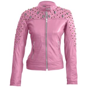 Pink Quilted Gold Studded Skeletons Leather Jacket