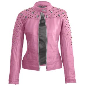 Pink Quilted Gold Studded Skeletons Leather Jacket
