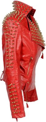Red Golden Studded Punk Leather Biker Jacket