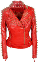Red Golden Studded Punk Leather Biker Jacket