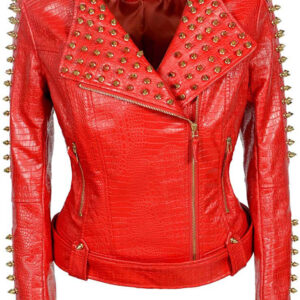 Red Golden Studded Punk Leather Biker Jacket