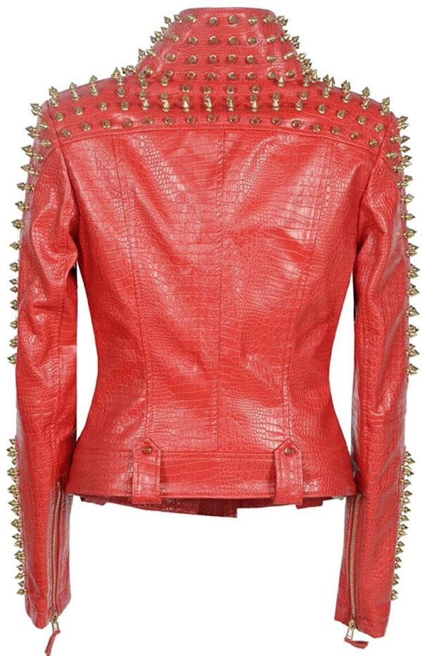 Red Golden Studded Punk Leather Biker Jacket