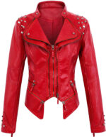 Red Silver Studded Rivet Leather Jacket