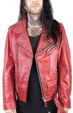 Red Silver Studs Leather Biker Style Jacket