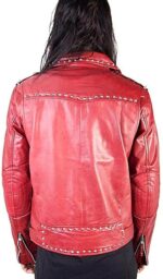 Red Silver Studs Leather Biker Style Jacket