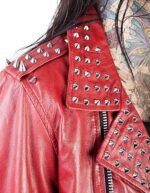 Red Silver Studs Leather Biker Style Jacket