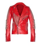 Red Studded Silver Spiked Biker Leather Jacket