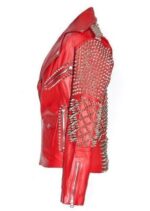 Red Studded Silver Spiked Biker Leather Jacket