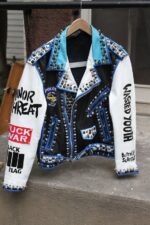 Rock Punk Blue White Silver Studded Leather Jacket