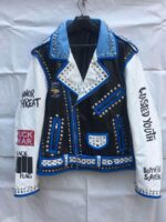 Rock Punk Blue White Silver Studded Leather Jacket
