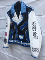 Rock Punk Blue White Silver Studded Leather Jacket