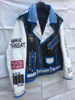 Rock Punk Blue White Silver Studded Leather Jacket