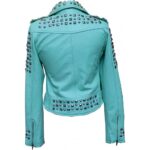 Sea Green Studded Biker Leather Jacket