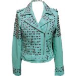 Sea Green Studded Biker Leather Jacket