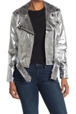 Silver Metallic Belted Leather Jacket