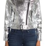 Silver Metallic Belted Leather Jacket