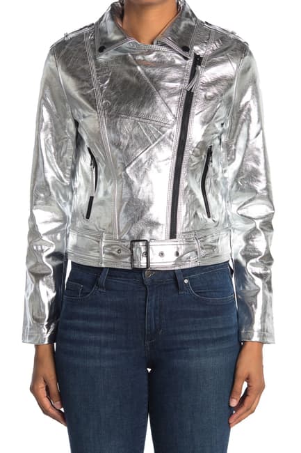 Silver Metallic Belted Leather Jacket (2) Silver Metallic Belted Leather Jacket